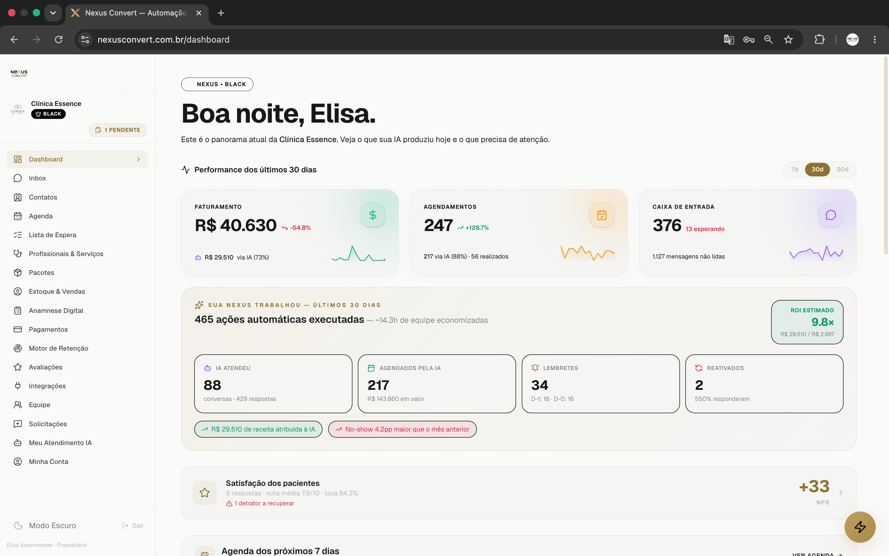 Dashboard da Nexus Convert mostrando faturamento, agendamentos e leads quentes em tempo real
