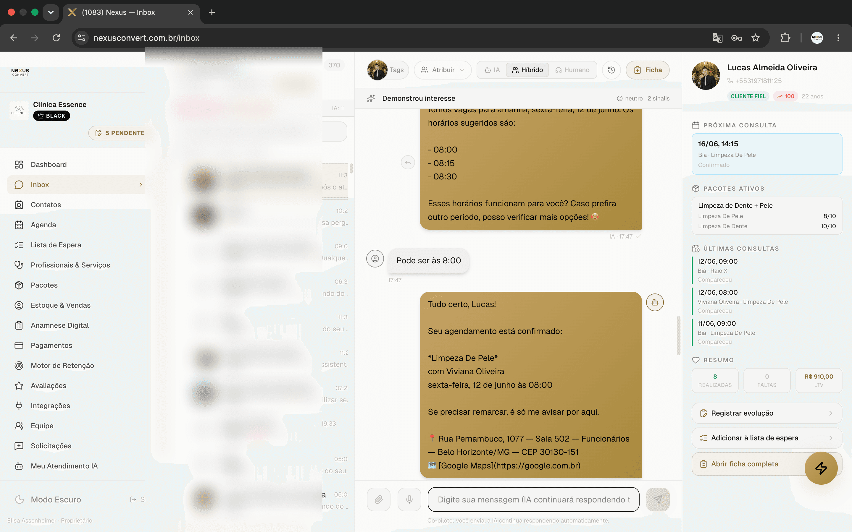 Inbox da Nexus Convert com a IA conduzindo uma conversa de agendamento no WhatsApp